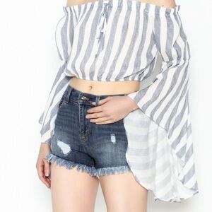 HOMAGE Ivory and Blue Cropped Blouse w Bell Sleeves